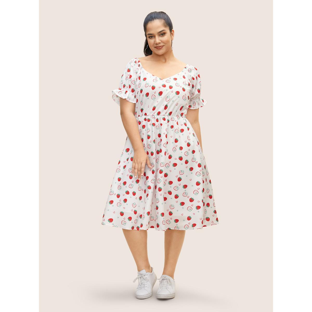 Plus Size Strawberry Print Puff Sleeve Elastic Waist Dress WhiteSmoke Women Casual Ruffles V-neck Short sleeve Curvy BloomChic 26/4X Product Image