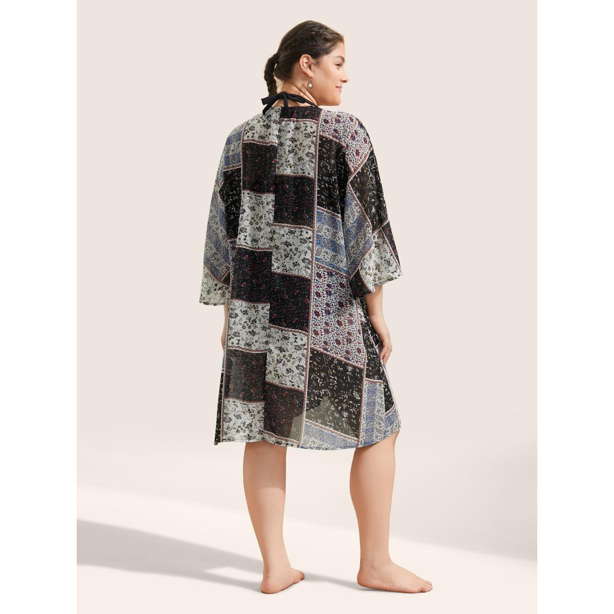Plus Size Bandana Lace Panel Ties Patchwork Mesh Kimono Women BlackFlower Resort Woven ribbon&lace trim Vacation Kimonos BloomChic 28/5X Product Image