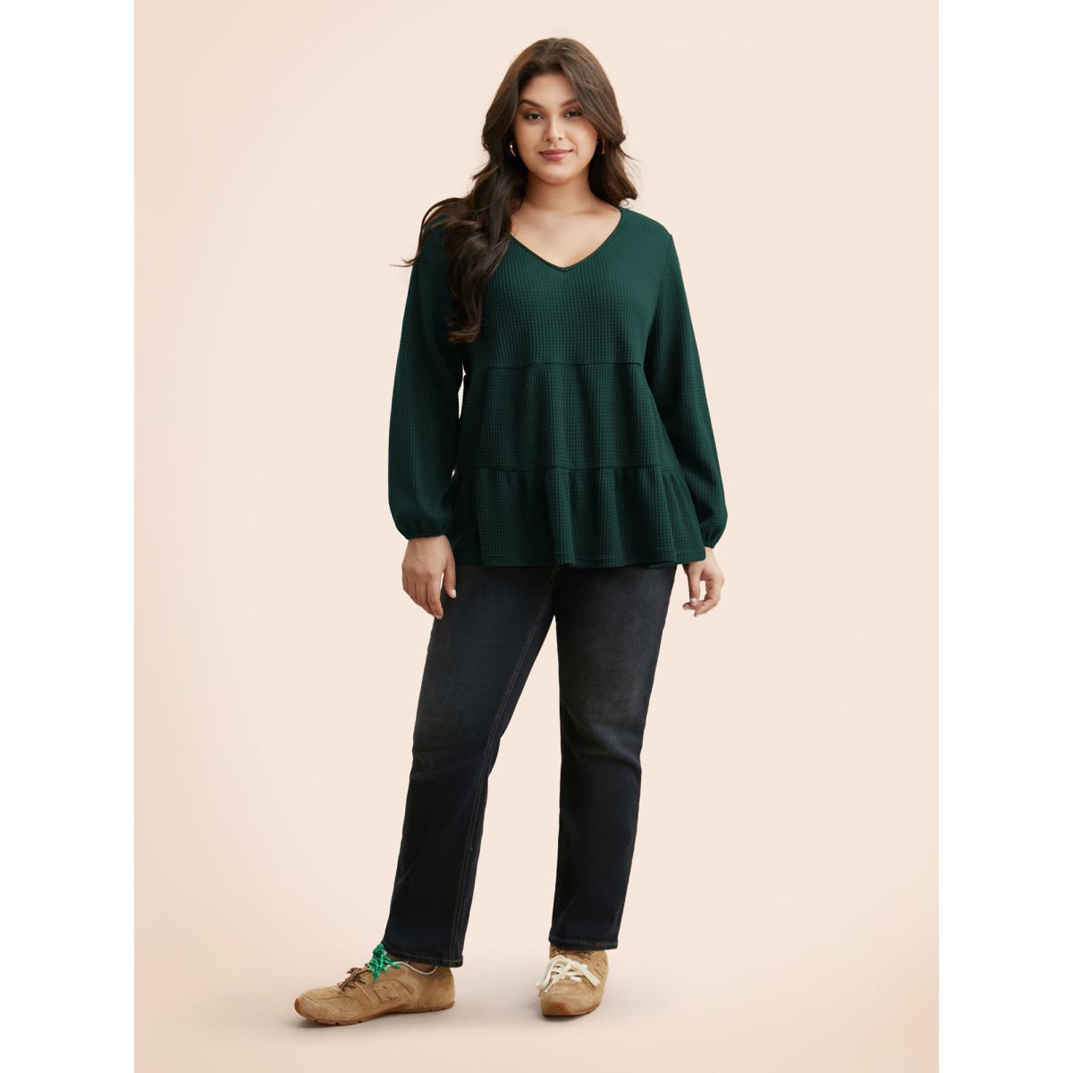 Plus Size Solid Waffle Knit Ruffle Hem T-shirt DarkGreen Women Casual Texture V-neck Everyday T-shirts BloomChic 18-20/2X Product Image