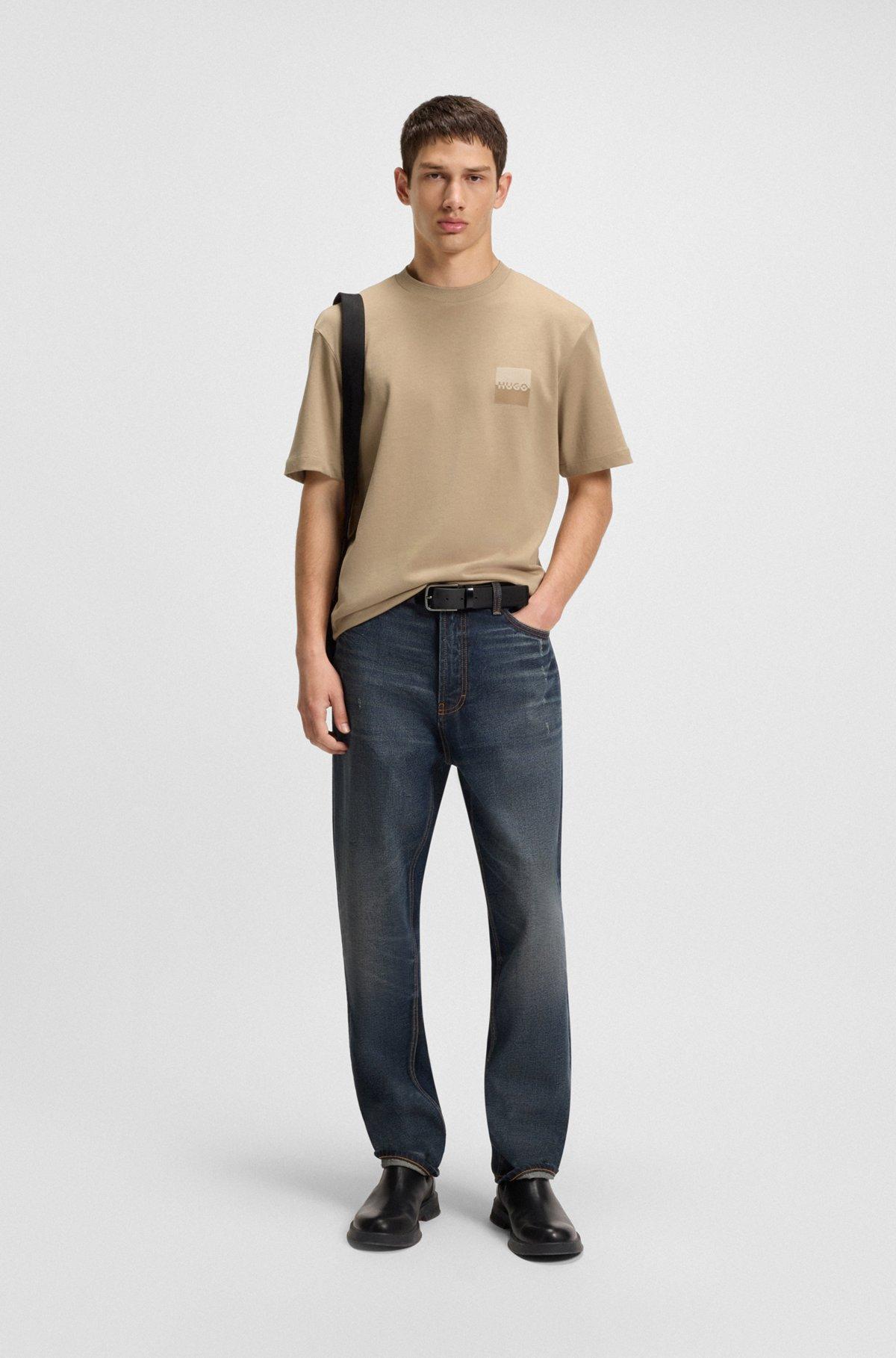 HUGO - Relaxed-fit T-shirt in cotton with split logos - Beige Product Image