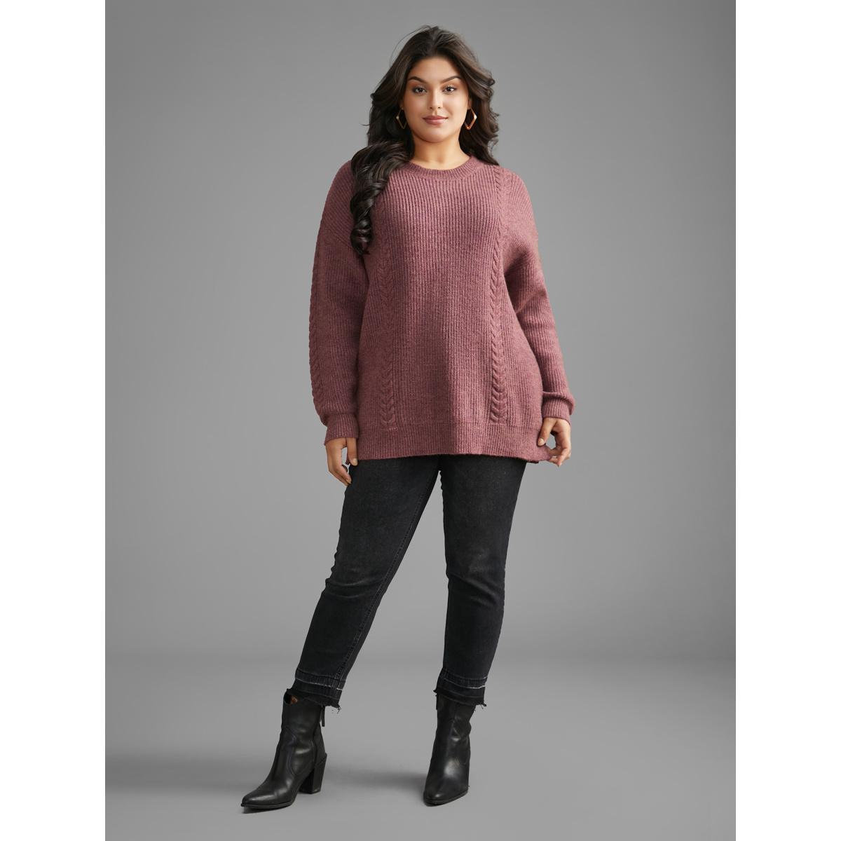 Plus Size Plain Textured Cable Knit Backless Pullover Lilac Women Casual Loose Long Sleeve Round Neck Everyday Pullovers BloomChic 30/6X Product Image