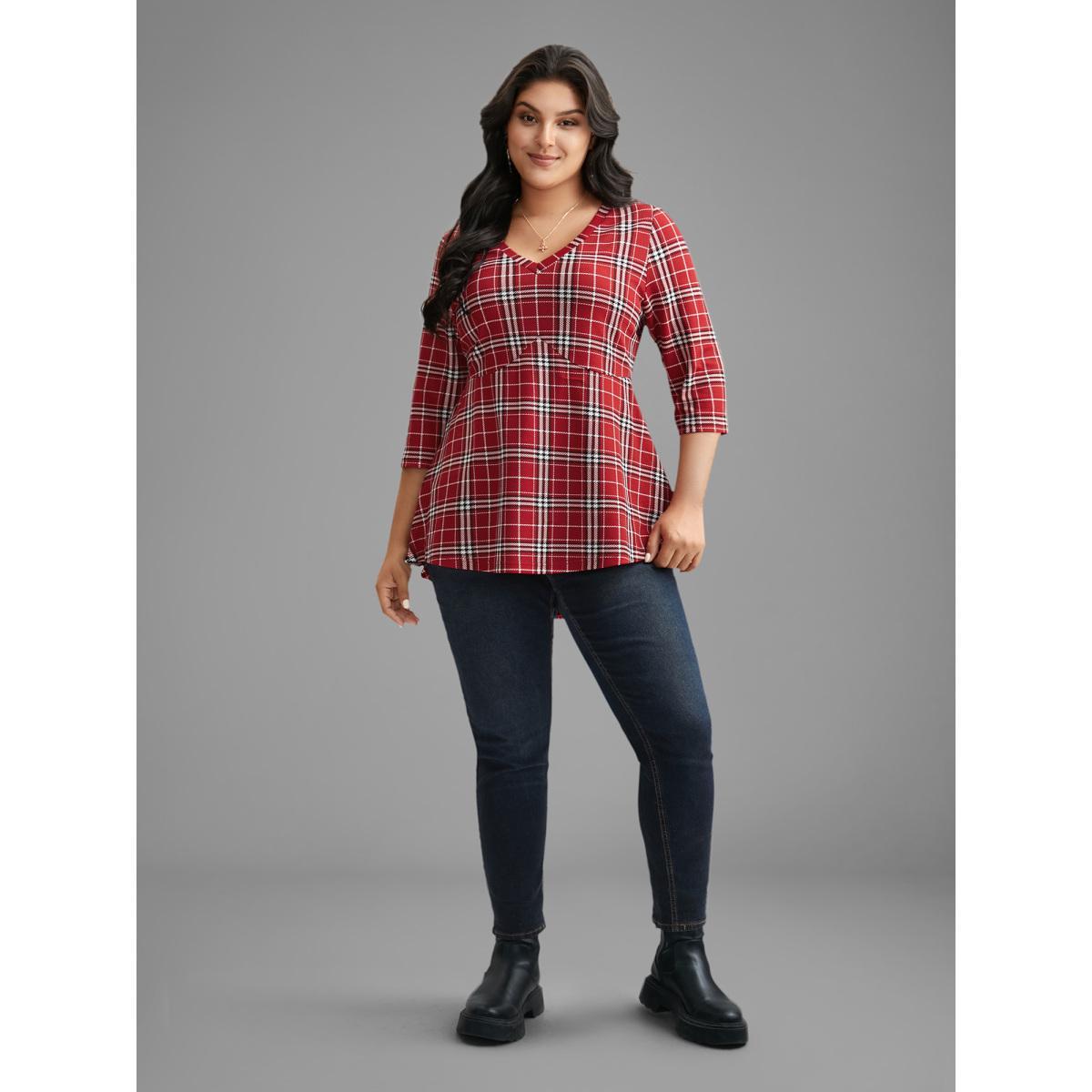 Plus Size Plaid Quarter-Sleeve Elastic Waist Tee Brightred Women Elegant Non V-neck Bodycon Everyday T-shirts BloomChic 18-20/2X Product Image
