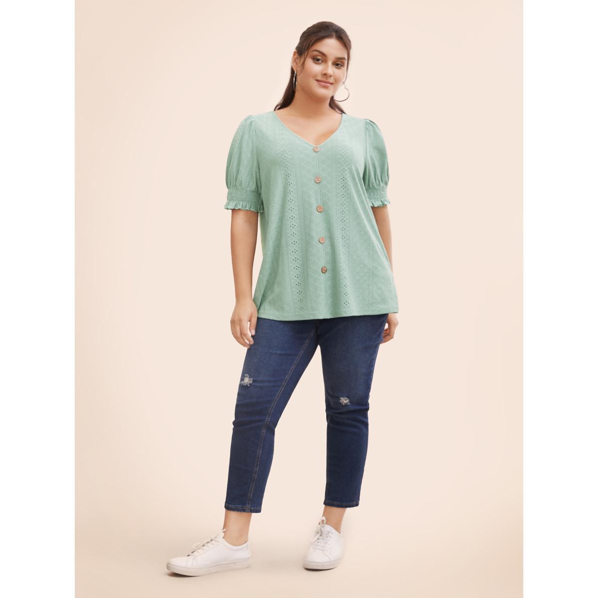 Plus Size Plain Broderie Anglaise Shirred Puff Sleeve Button Detail T-shirt Sage Women Casual Button Plain V-neck Everyday T-shirts BloomChic 28/5X Product Image
