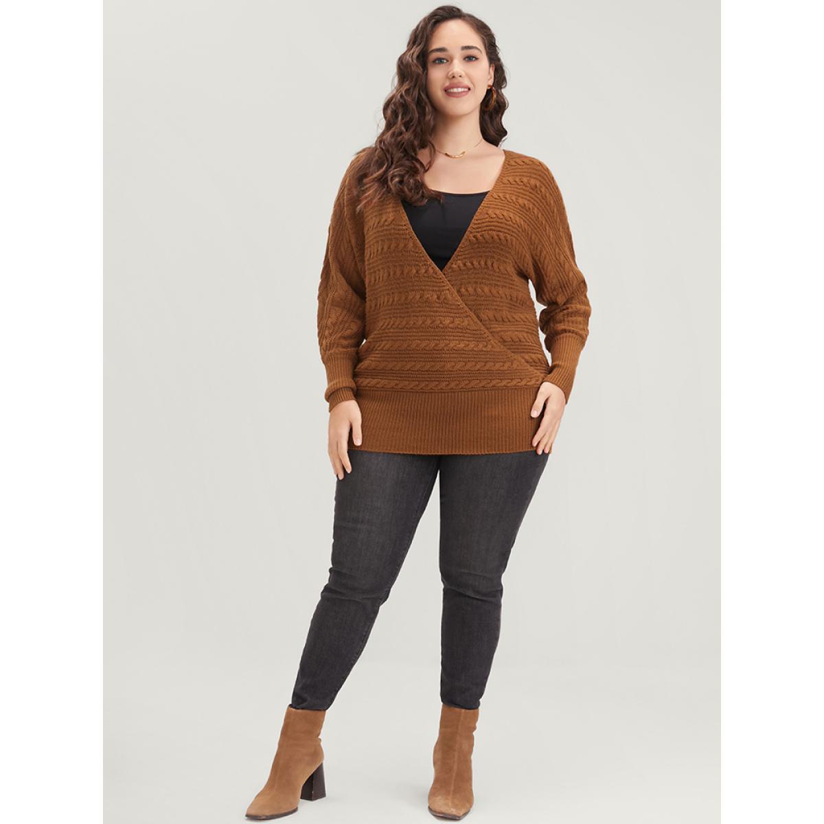Plus Size Solid Pointelle Knit Dolman Sleeve Surplice Neck Knit Top Bronze Women Casual Loose Long Sleeve V-neck Dailywear Pullovers BloomChic 10/M Product Image