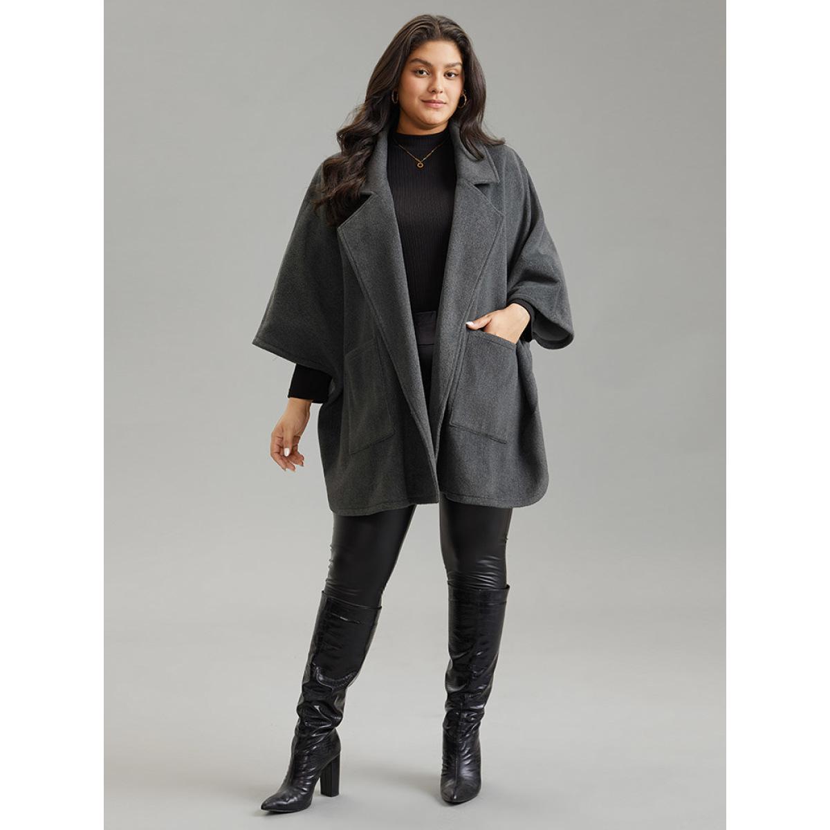 Plus Size Batwing Sleeve Lapel Collar Coat Women DimGray Casual Plain Ladies Dailywear Winter Coats BloomChic 30/6X Product Image