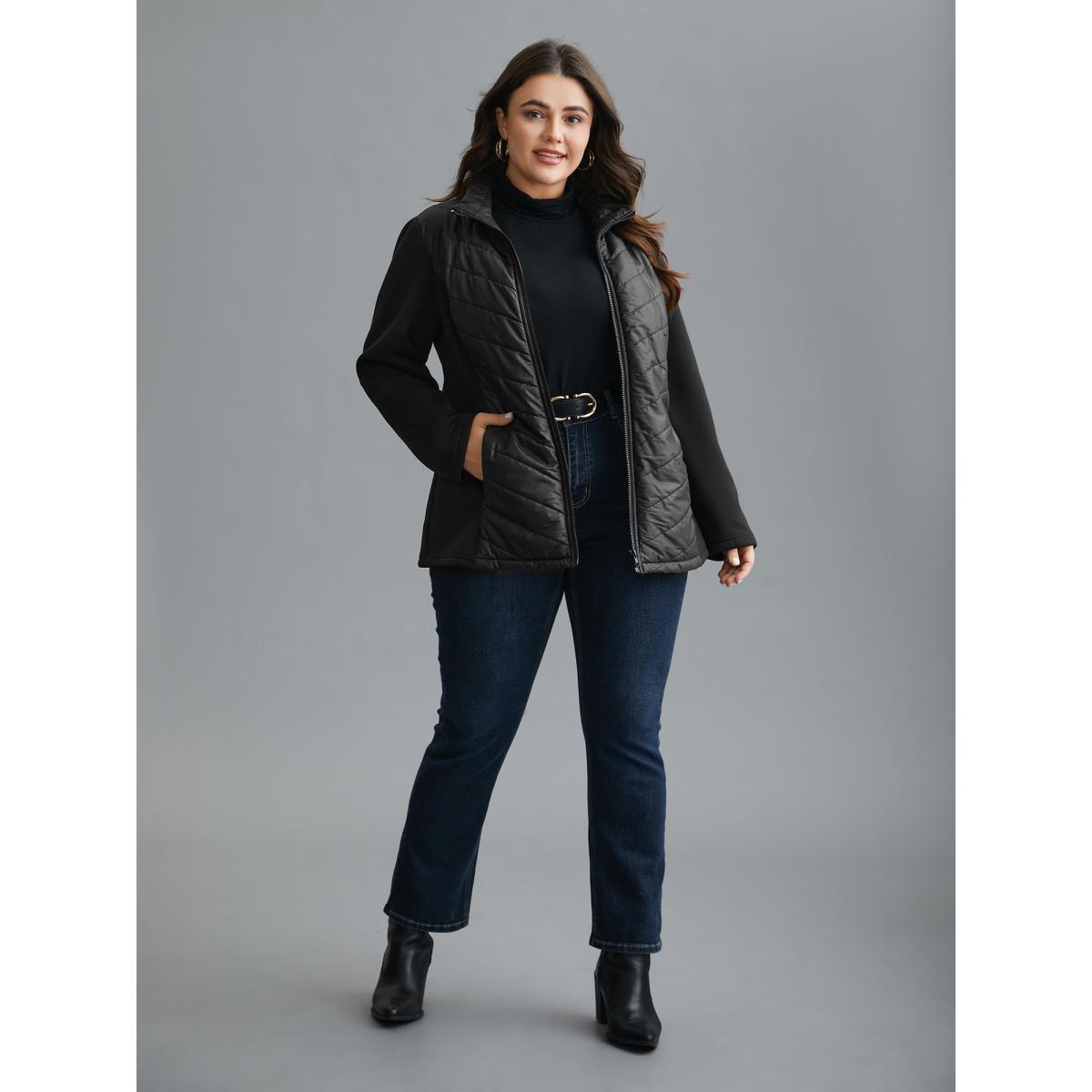 Plus Size Funnel Neck Contrasting Design Zipper Coat Women Black Casual Topstitching Ladies Everyday Winter Coats BloomChic 28/5X Product Image