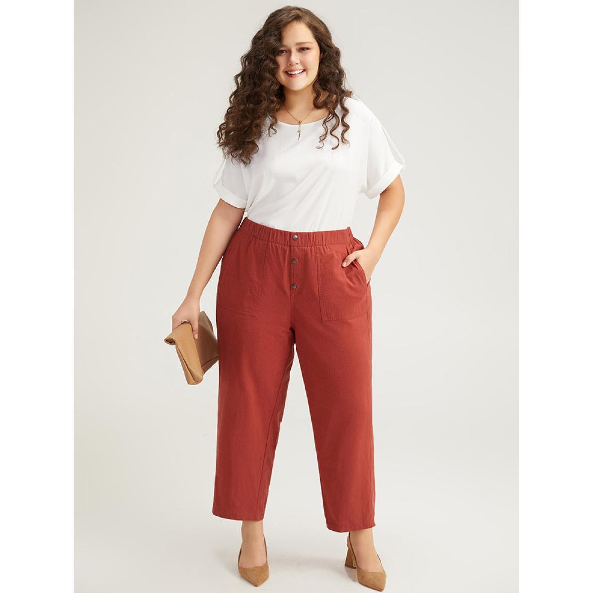 Plus Size Plain Button Up Pocket Straight High Rise Leg Pants Women Russet Casual Straight Leg High Rise Everyday Pants BloomChic 10/M Product Image