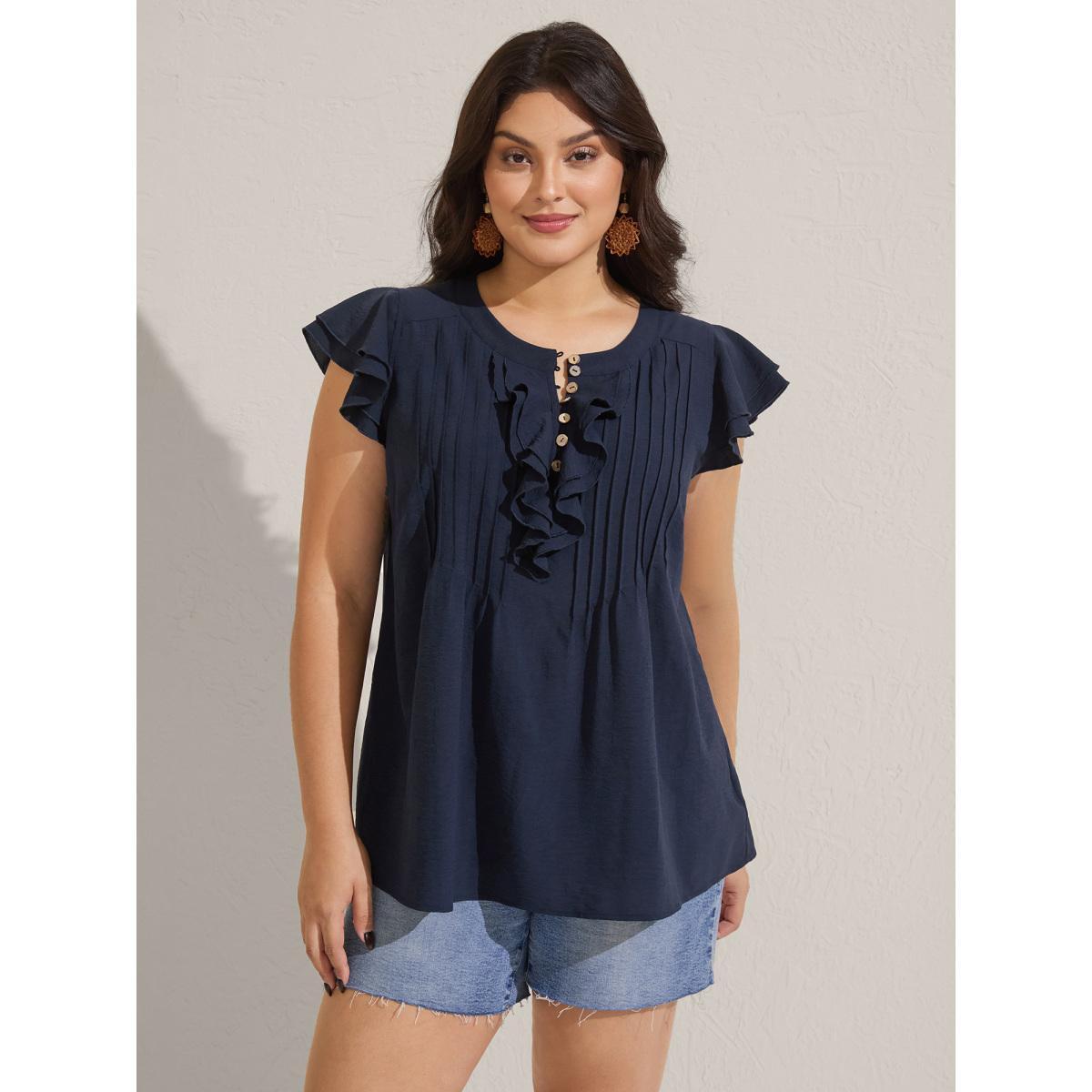 Plus Size Midnight Solid Ruffle Trim Toothpick Pleat Blouse Women Cap Sleeve Round Neck Vacation Blouses BloomChic 22-24/3X Product Image