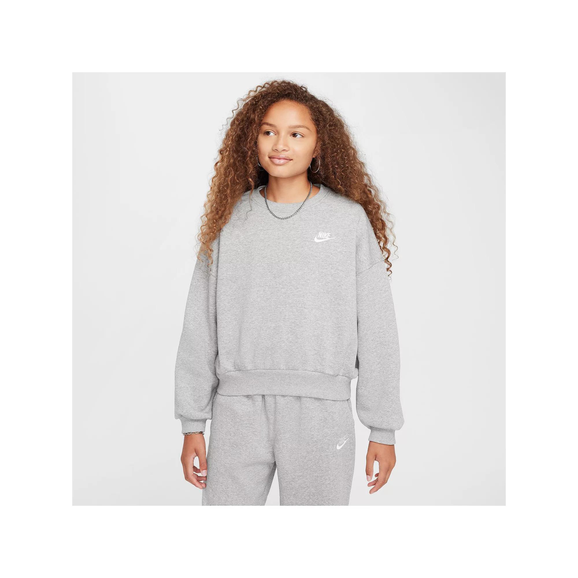 Nike Kids' Sportswear Club Fleece Crewneck Sweatshirt in Dark Grey Heather/White at Nordstrom Product Image