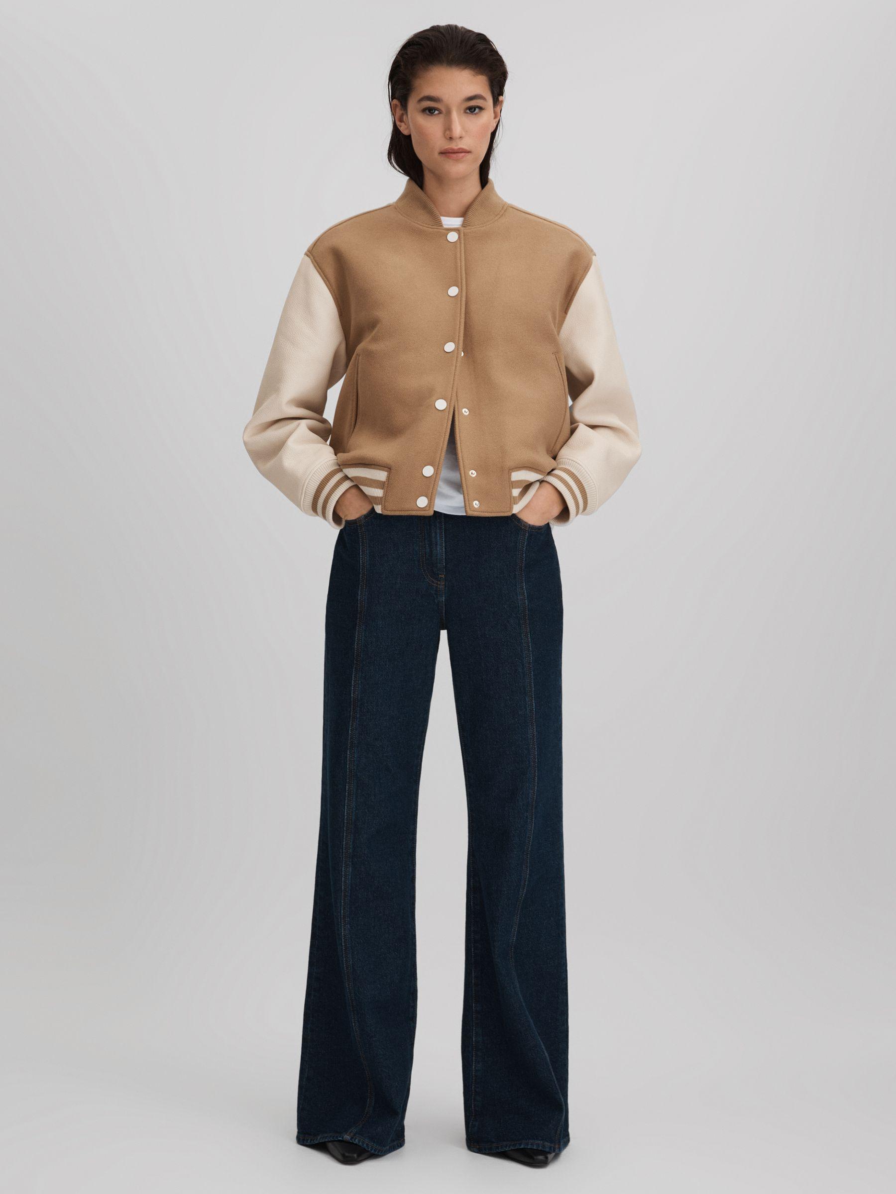 Premium Wool Blend Bomber Jacket in Camel/Cream Product Image