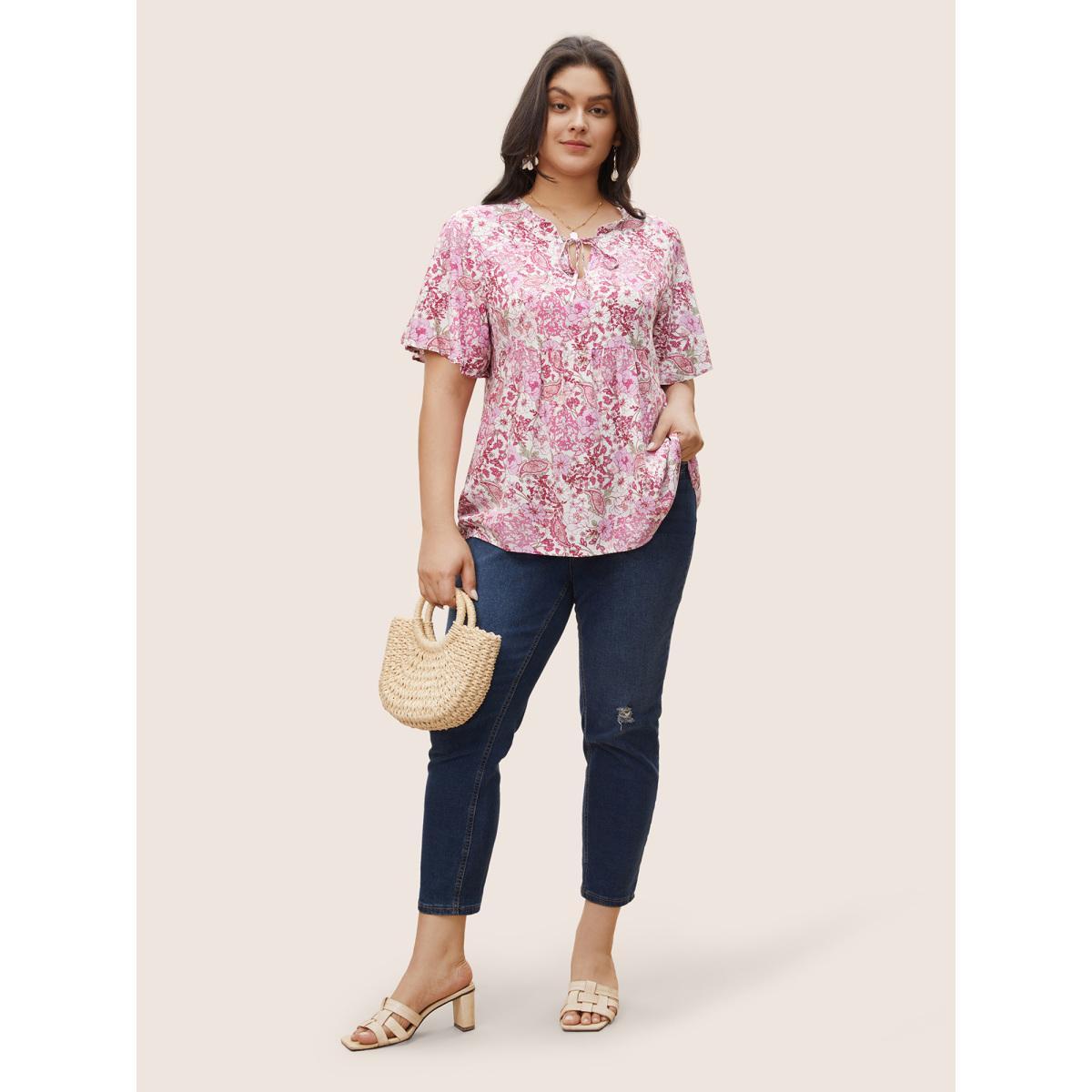 Plus Size Lilac Ditsy Floral Gathered Tie Neck Blouse Women Resort Short sleeve Notched collar Vacation Blouses BloomChic 28/5X Product Image