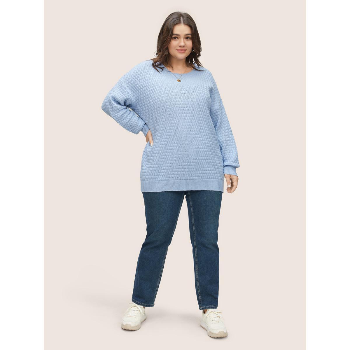 Plus Size Plain Texture Round Neck Elastic Cuffs Pullover LightBlue Women Basics Long Sleeve Round Neck Everyday Pullovers BloomChic 10/M Product Image