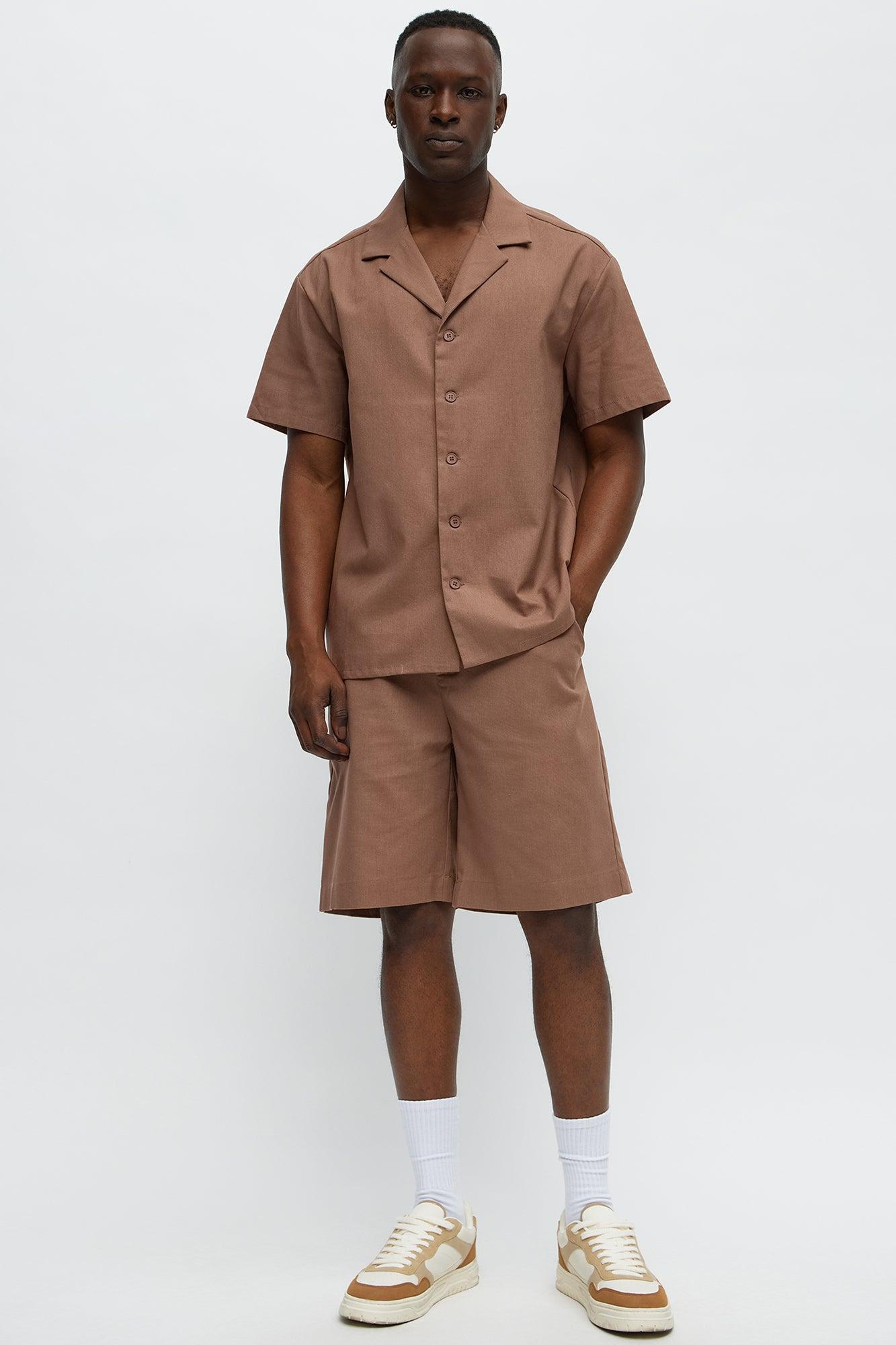 Chai Linen Like Cuban Collar Button Up Shirt - Brown Product Image