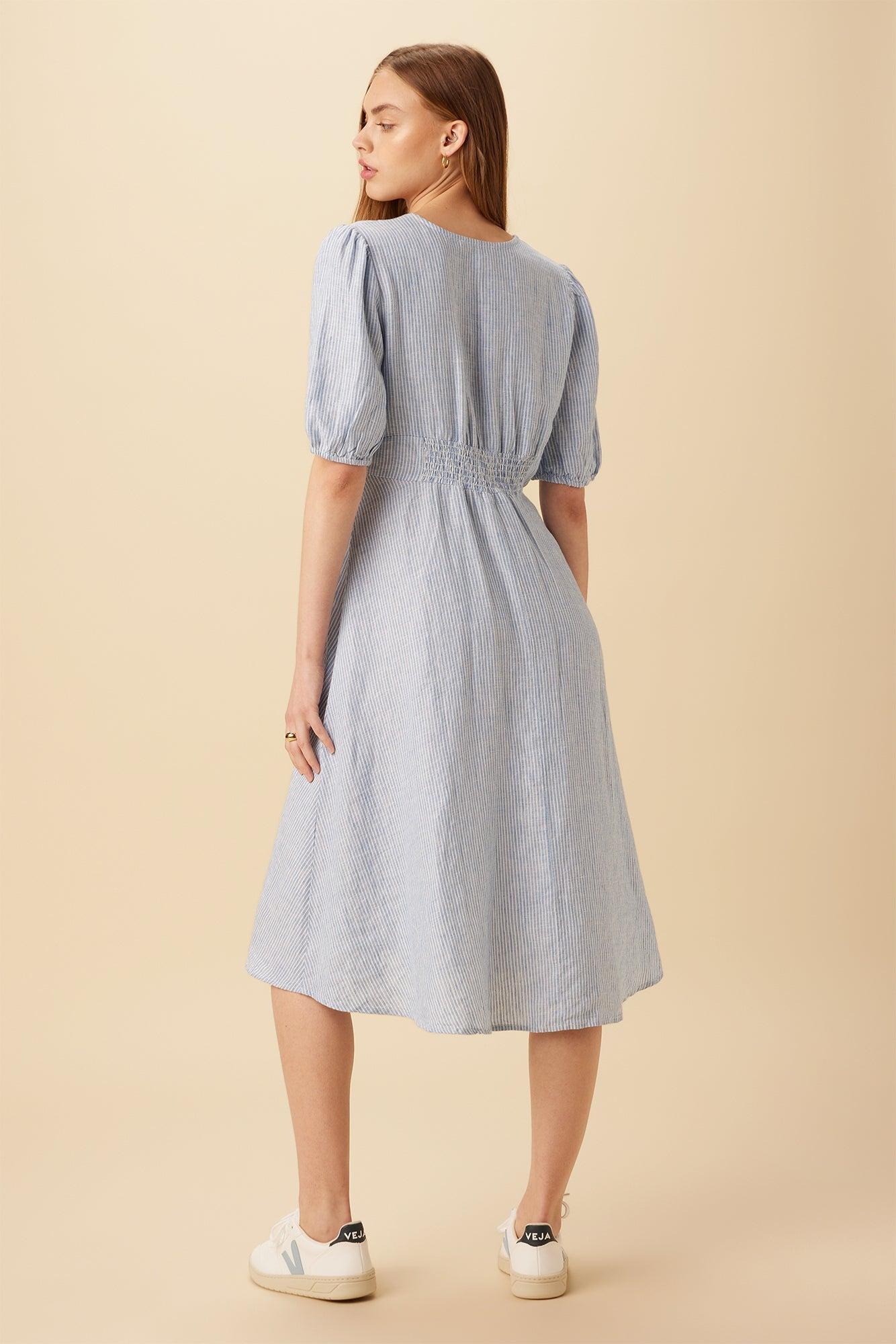 Odette Linen Dress - Blue Natural Stripe - ReAmour Product Image
