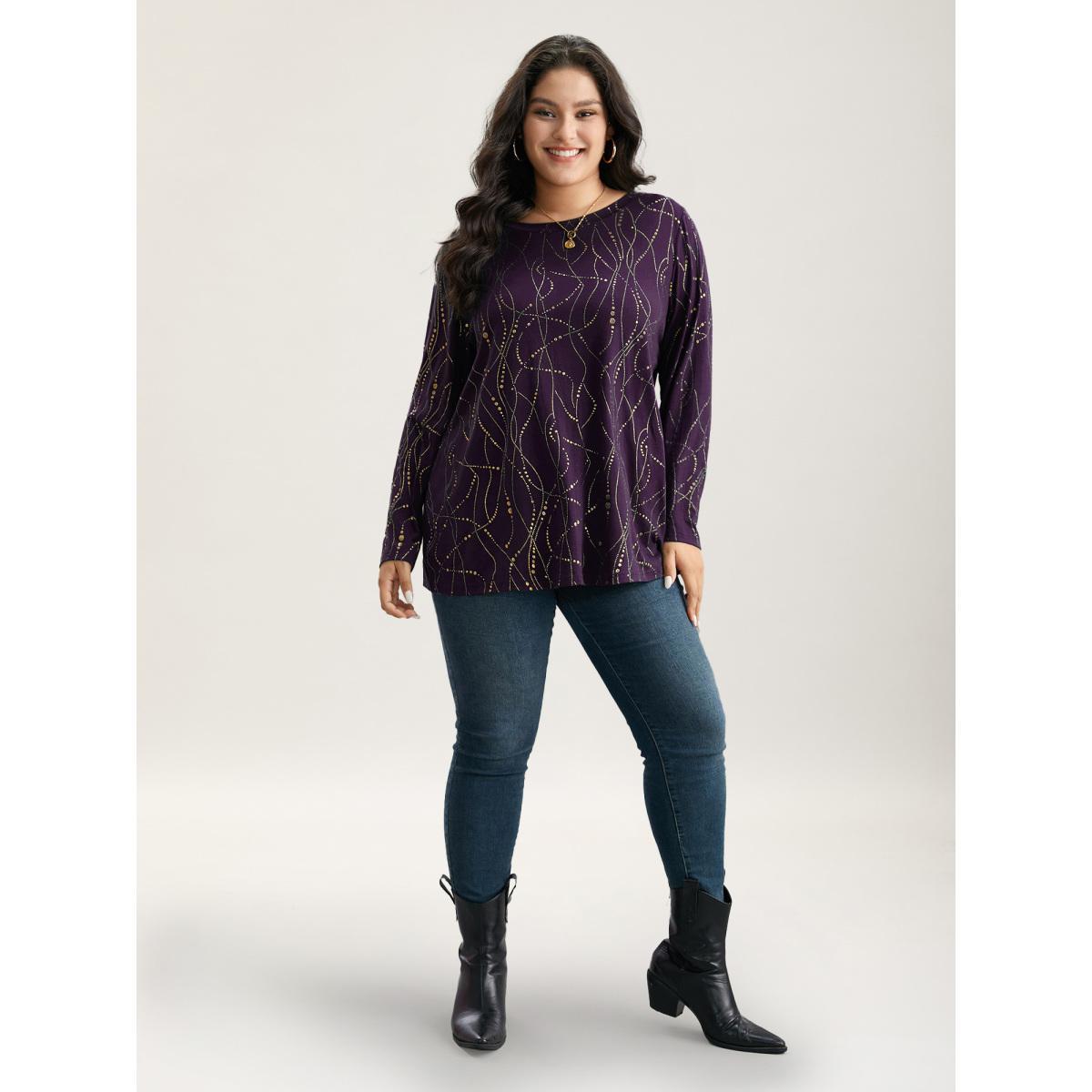 Plus Size Polka Dot Contrast Round Neck T-shirt Eggplant Women Casual Contrast Polka Dot Round Neck Dailywear T-shirts BloomChic 26/4X Product Image