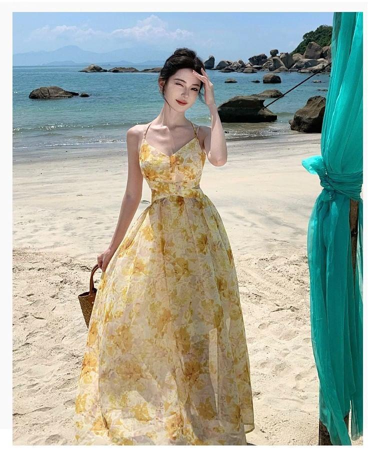 Spaghetti Strap V-Neck Cutout Floral Print Maxi A-Line Dress Product Image