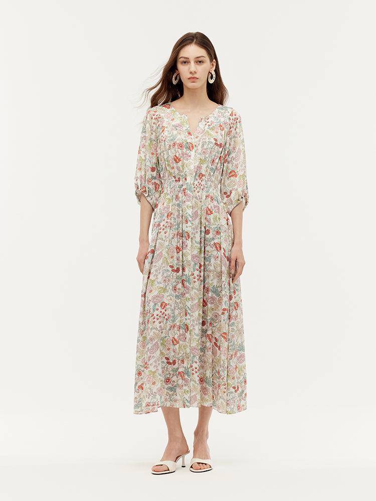 19 Momme Mulberry Silk Floral Print Ruched Waist Women Maxi Dress Product Image