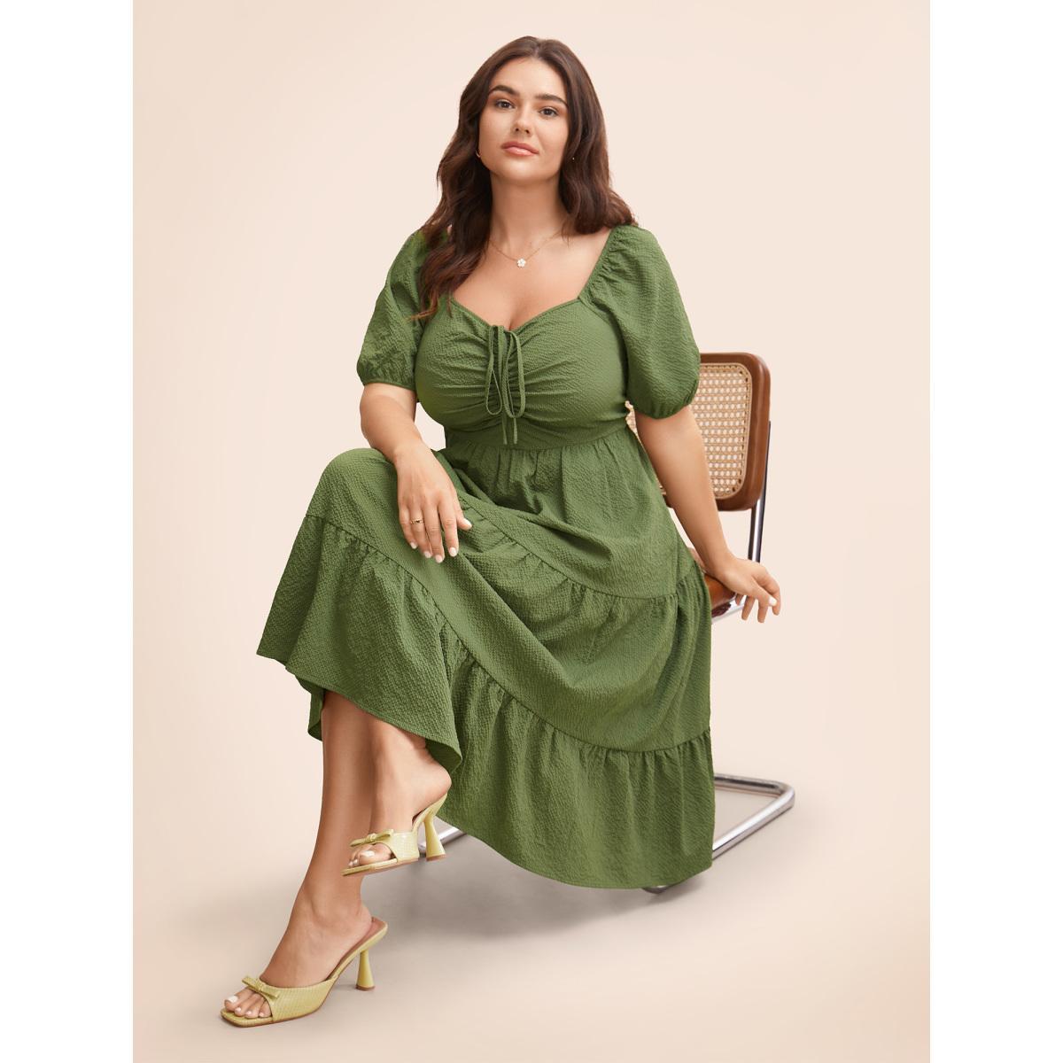 Plus Size Textured Drawstring Ruffle Layered Hem Dress ArmyGreen Women Elegant Texture Heart neckline Short sleeve Curvy BloomChic 22-24/3X Product Image