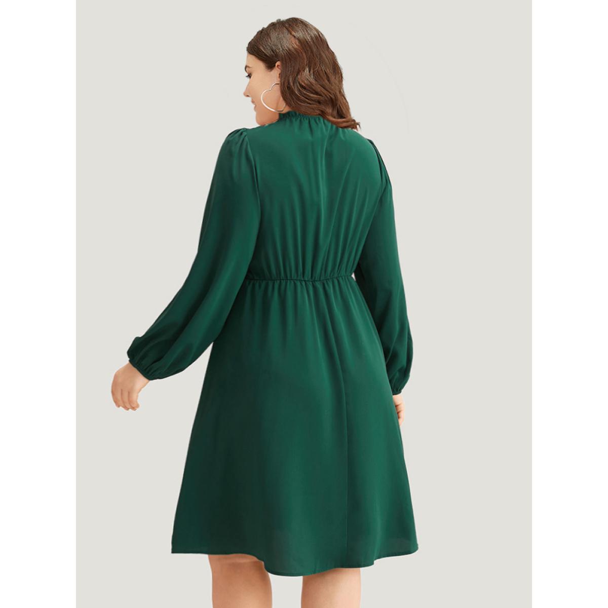 Plus Size Anti-Wrinkle Frill Trim Elastic Cuffs Dress DarkGreen Women Office Elastic cuffs Mock Neck Long Sleeve Curvy Midi Dress BloomChic 22-24/3X Product Image