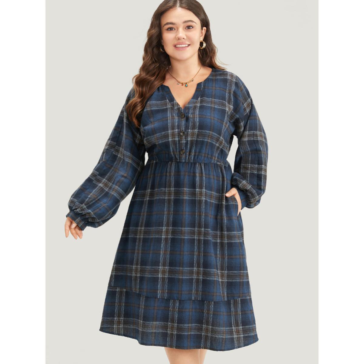 Plus Size Plaid Notched Button Up Lantern Sleeve Dress Aegean Women Casual Elastic cuffs Notched collar Long Sleeve Curvy Midi Dress BloomChic 18-20/2X Product Image