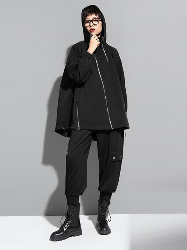 Fashion Irregularity Loose Solid Color Zipper Hooded Outerwear Product Image