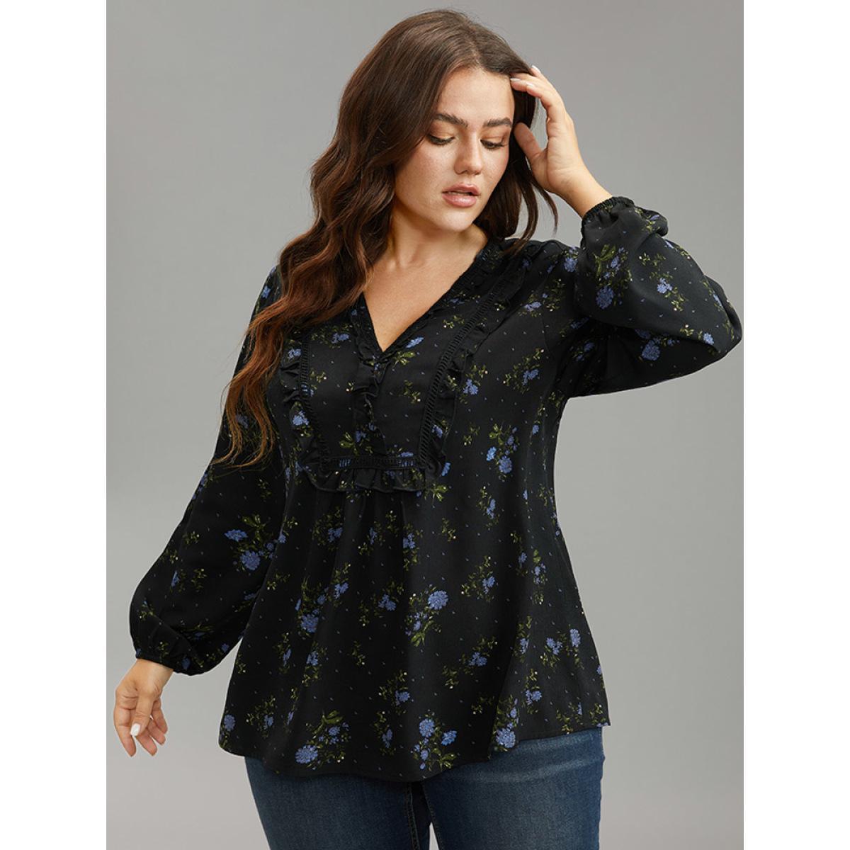 Plus Size Black Ditsy Floral Lantern Sleeve Frill Trim Blouse Women Elegant Long Sleeve V-neck Dailywear Blouses BloomChic 28/5X Product Image