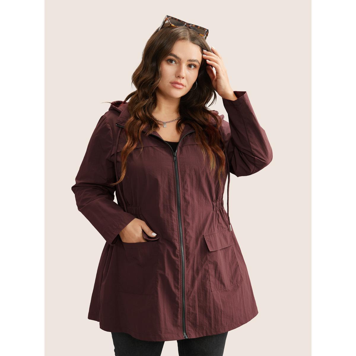 Plus Size Plain Hooded Drawstring Gathered Zipper Jacket Women Scarlet Non Patch pocket Everyday Jackets BloomChic 10/M Product Image