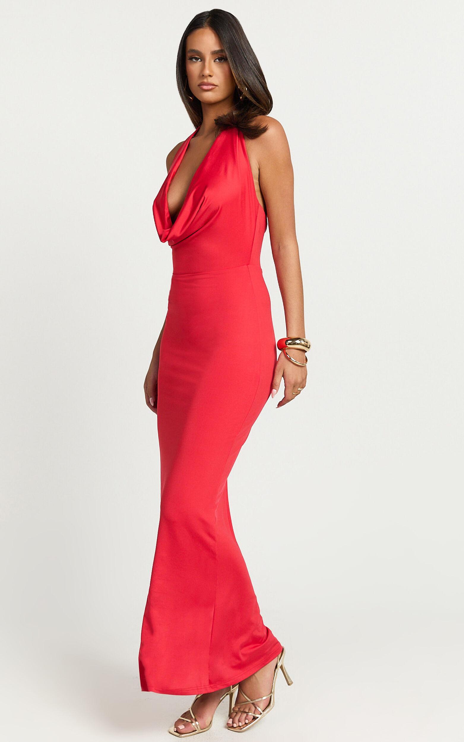 Sylvana Maxi Dress - Cowl Halter Neck Bodycon Dress in Red Product Image