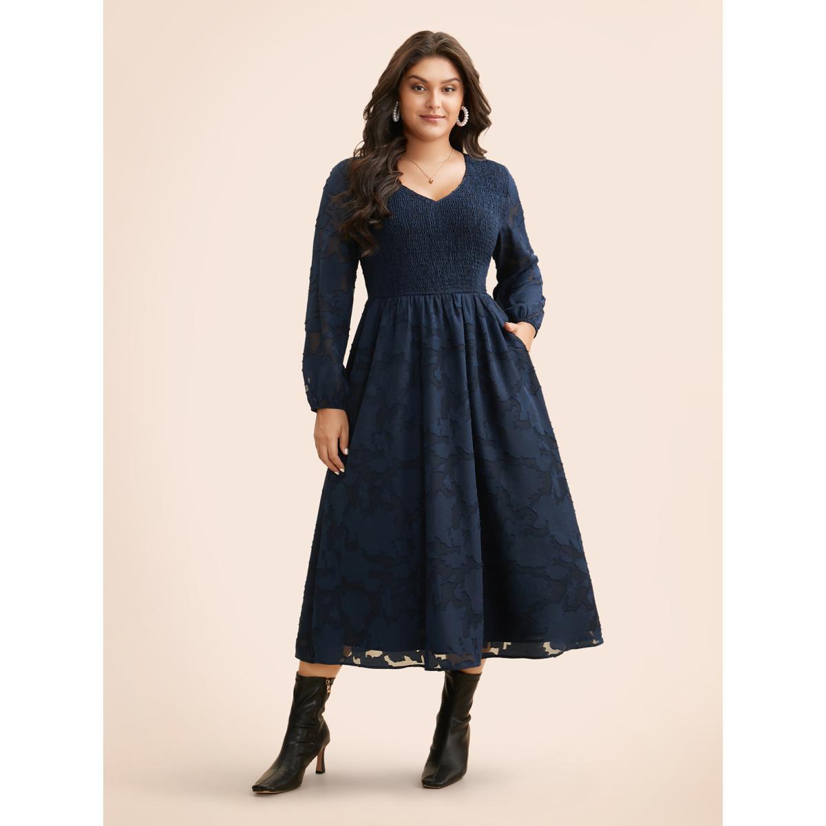 Plus Size Solid Textured Shirred Elastic Waist Dress DarkBlue Women Elegant Texture V-neck Long Sleeve Curvy BloomChic 30/6X Product Image