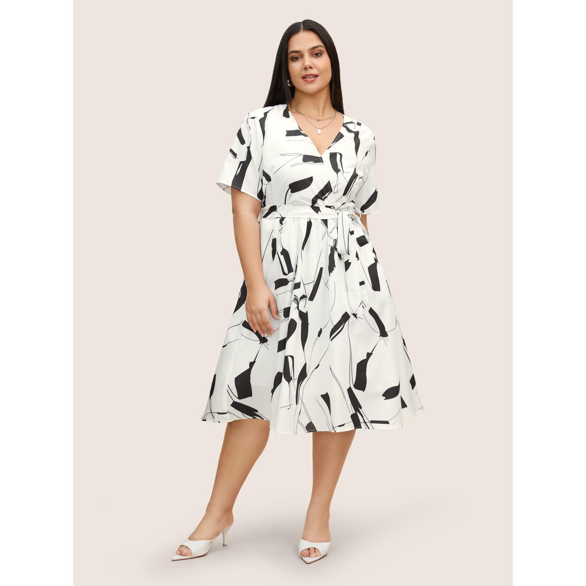 Plus Size Geometric Overlap Collar Belted Midi Dress White Women At the Office Belted Overlap Collar Half Sleeve Curvy BloomChic 26/4X Product Image