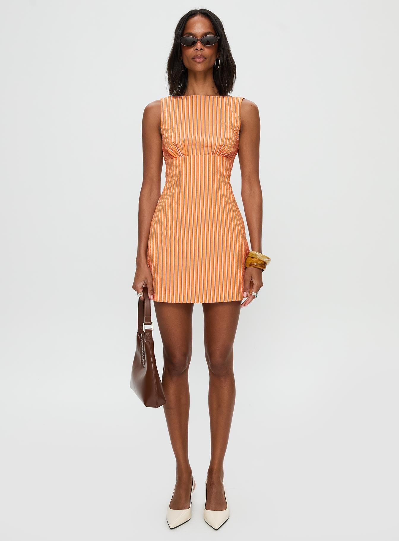 Ellesandra Boat Neck Mini Dress Orange Stripe Product Image