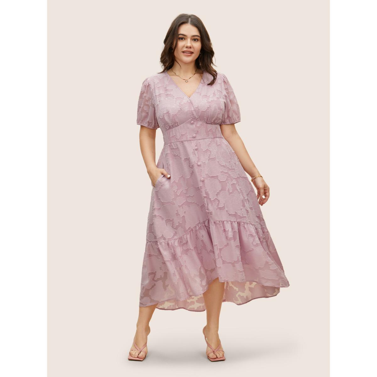 Plus Size Solid Textured Lantern Sleeve Button Detail Dress Lightpink Women Elegant Button V-neck Short sleeve Curvy BloomChic 18-20/2X Product Image
