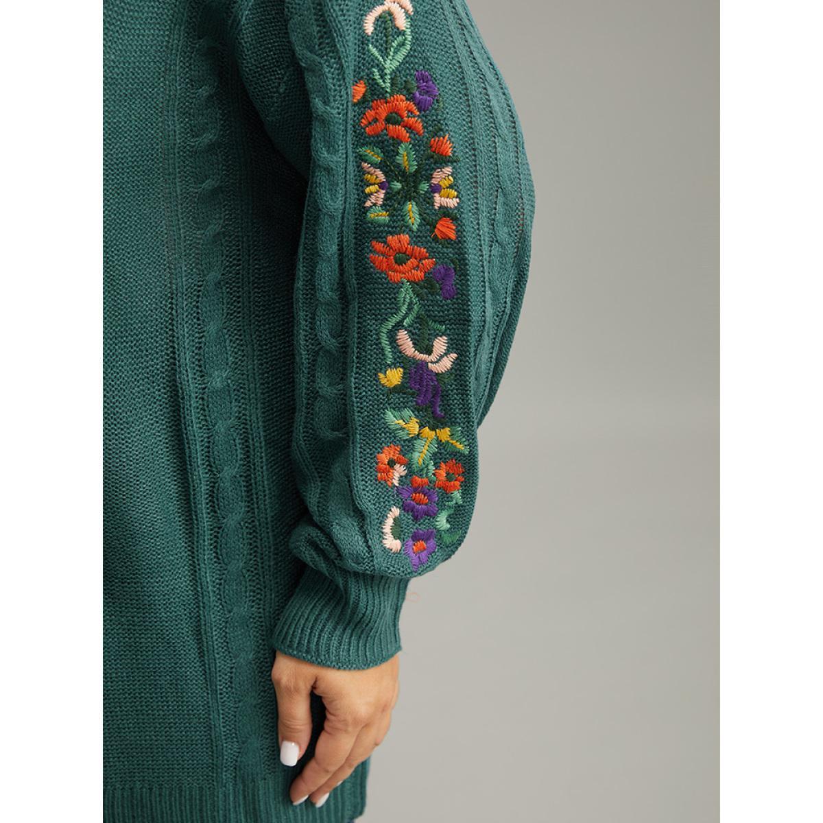 Plus Size Floral Embroidered Cable Knit Lantern Sleeve Cardigan DarkGreen Women Casual Loose Long Sleeve Dailywear Cardigans BloomChic 28/5X Product Image
