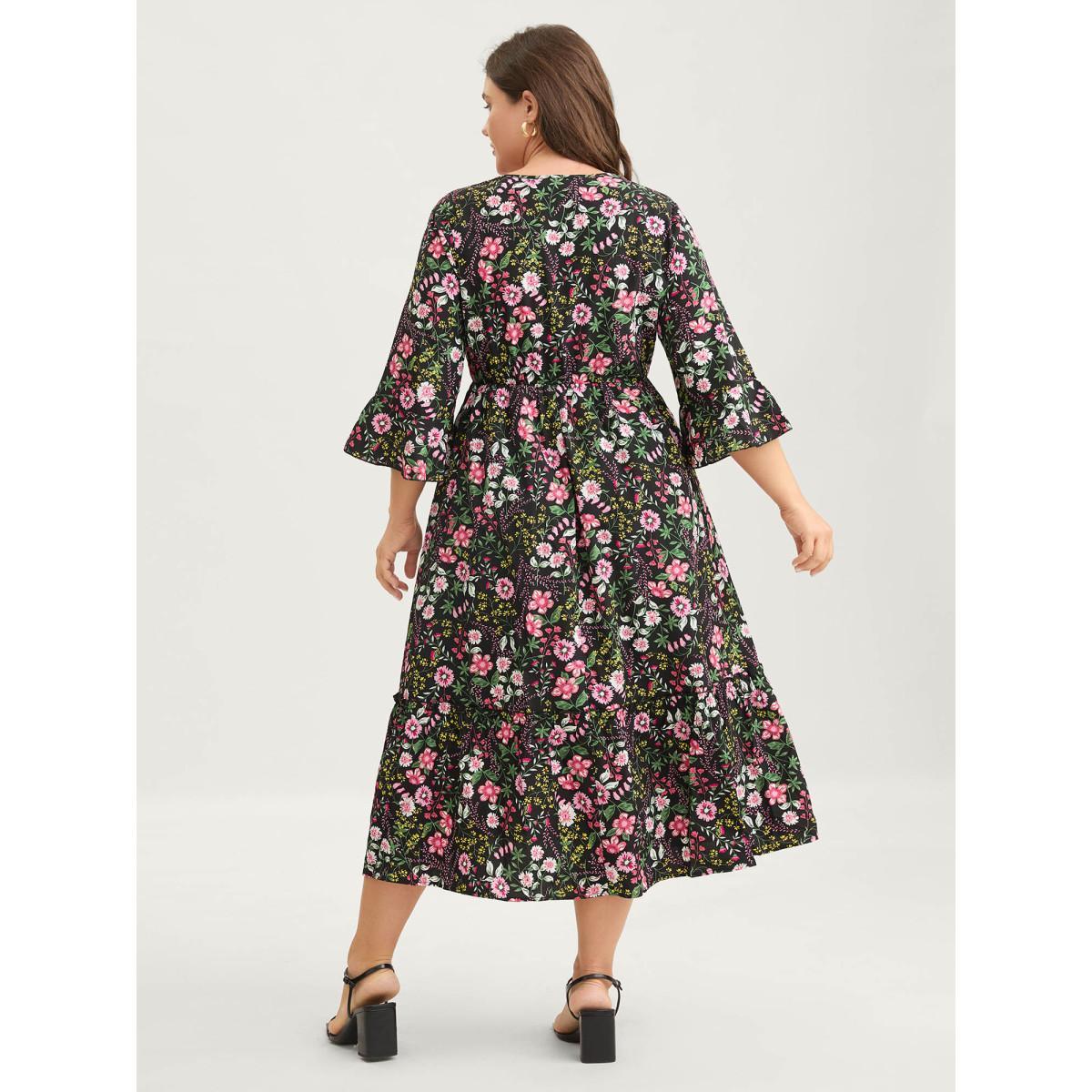 Plus Size Floral Ruffled Square Neck Midi Dress Black Women Ruffles Square Neck Elbow-length sleeve Curvy BloomChic 26/4X Product Image
