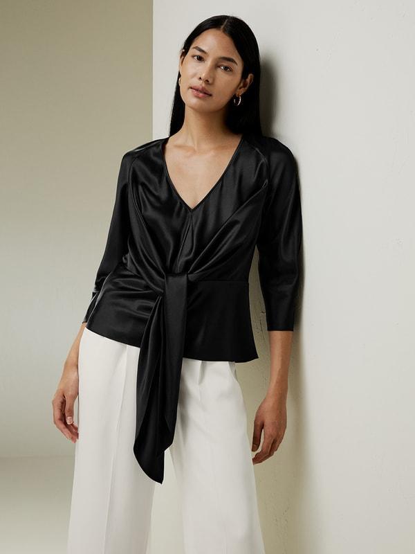 V Neck Silk Blouse with Waist Tie Product Image