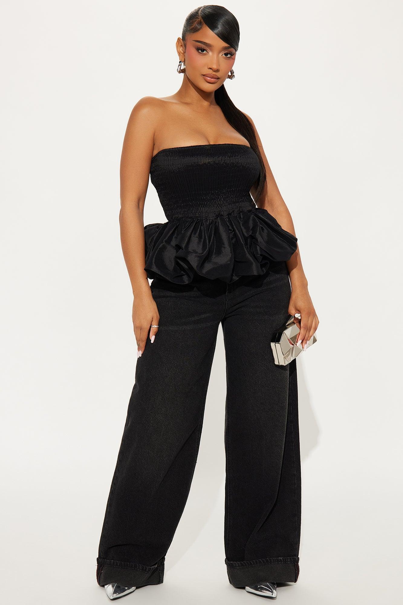 Lily Smocked Bubble Hem Top - Black Product Image
