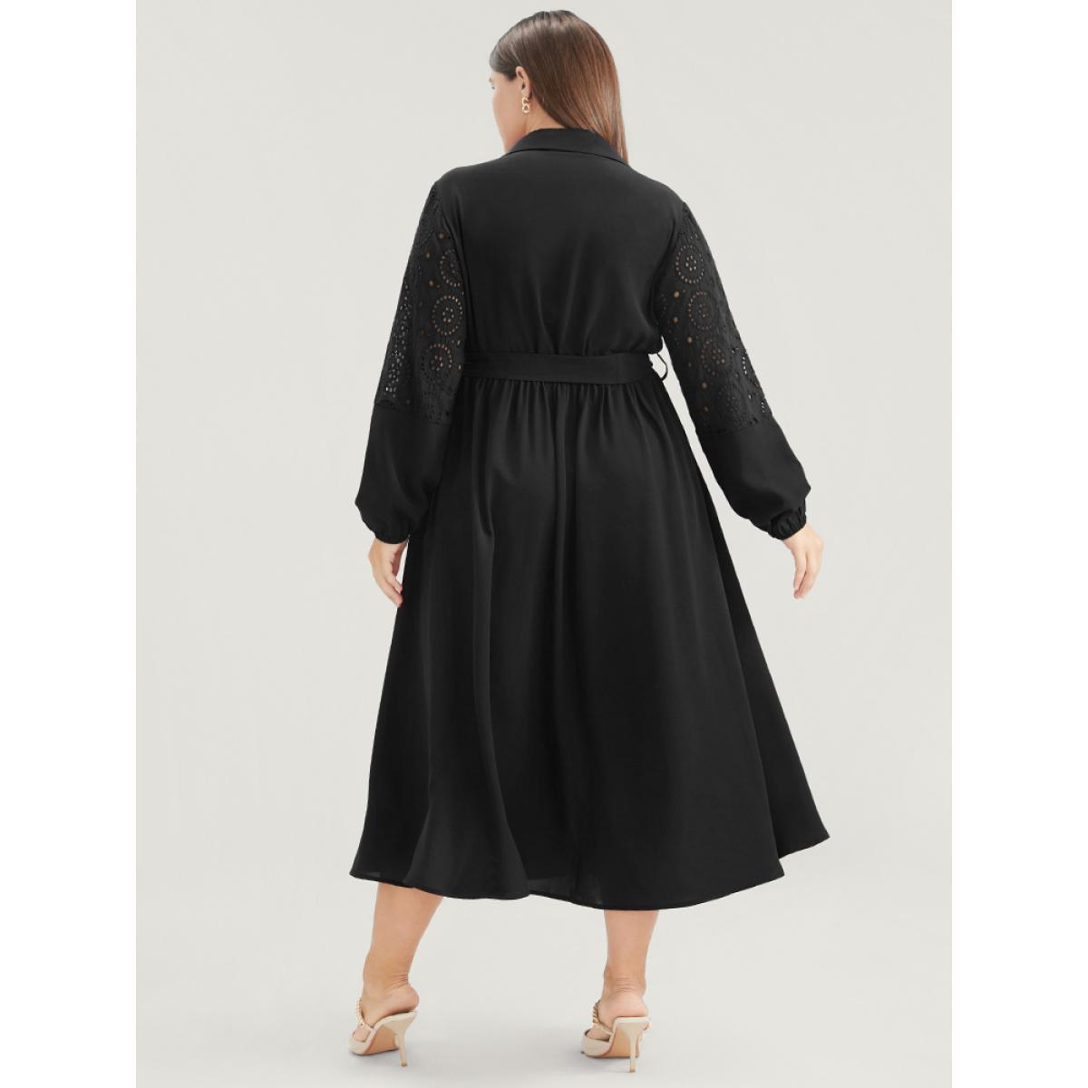 Plus Size Solid Pocket Button Detail Eyelet Lace Belted Dress Burgundy Women Casual Patchwork Shirt collar Long Sleeve Curvy Midi Dress BloomChic 10/M Product Image