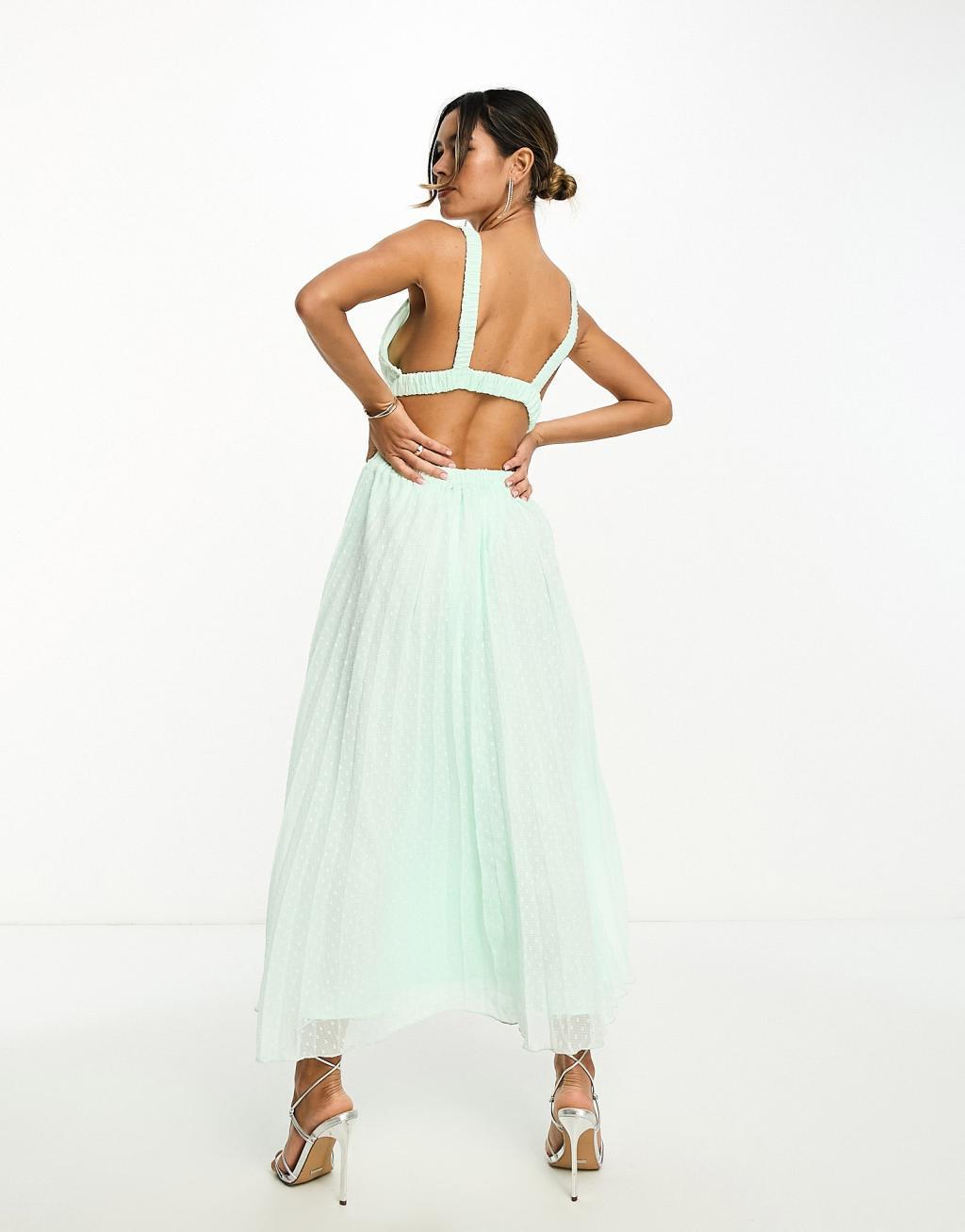 ASOS DESIGN pleat plunge neck midi dress with elasticated straps and back Product Image
