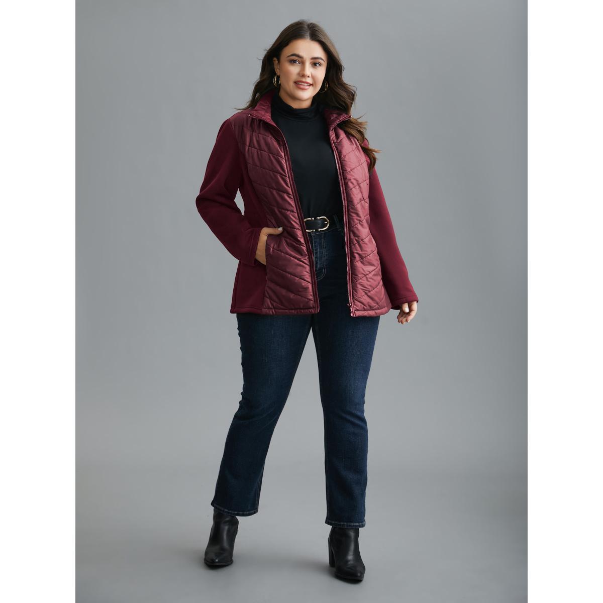Plus Size Funnel Neck Contrasting Design Zipper Coat Women Burgundy Casual Topstitching Ladies Everyday Winter Coats BloomChic 22-24/3X Product Image