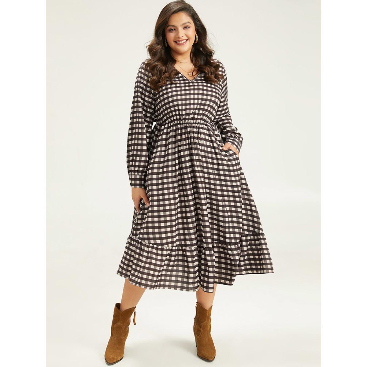 Plus Size Gingham Pocket Elastic Waist Ruffle Hem Dress DarkBrown Women Casual Printed V-neck Long Sleeve Curvy Midi Dress BloomChic 10/M Product Image