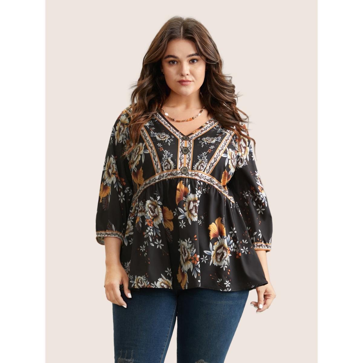 Plus Size Black Boho Print V Neck Button Detail Gathered Blouse Women Vacation Elbow-length sleeve V-neck Vacation Blouses BloomChic 28/5X Product Image