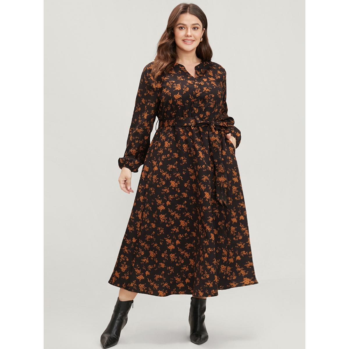 Plus Size Ditsy Floral Pocket Belted Lantern Sleeve Midi Dress Black Women Elegant Button V-neck Long Sleeve Curvy Midi Dress BloomChic 14-16/1X Product Image