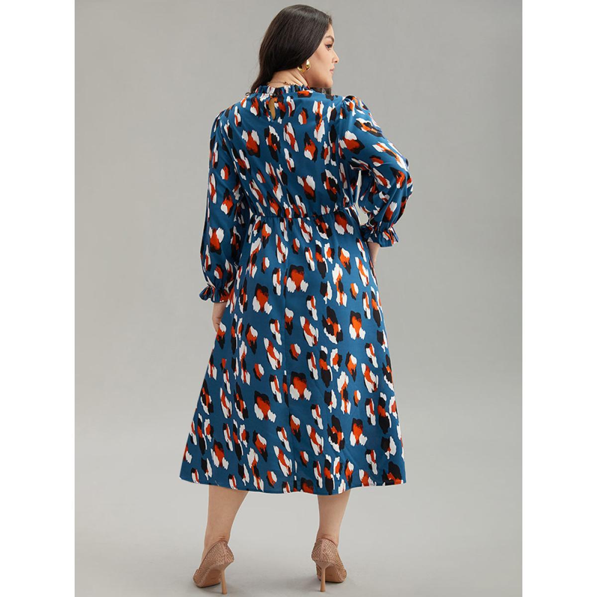 Plus Size Allover Print Stand Collar Pocket Ruffles Dress Aegean Women Office Printed Stand-up collar Long Sleeve Curvy Midi Dress BloomChic 28/5X Product Image