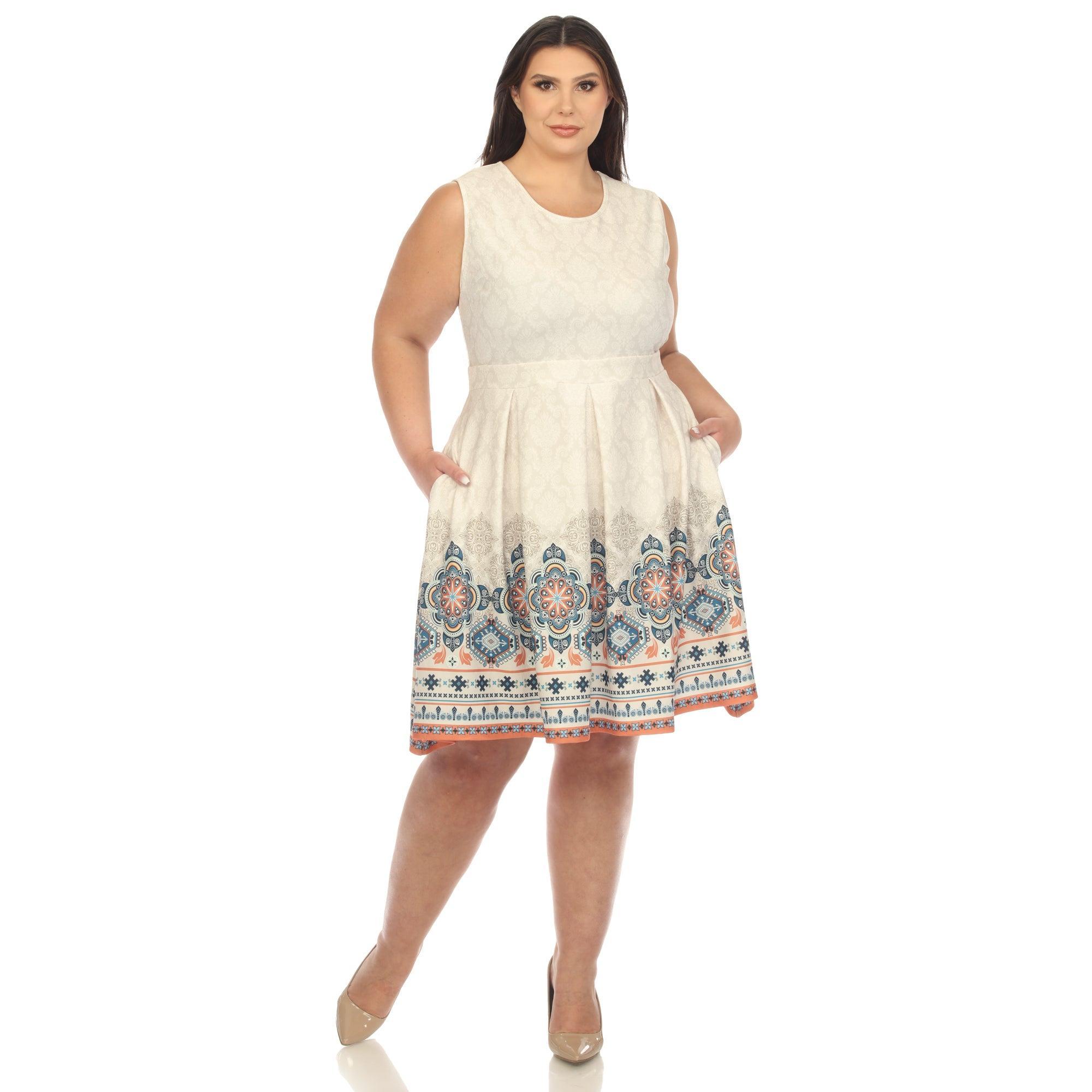 Beige Border Print Fit and Flare Knee Length Dress - Plus Product Image
