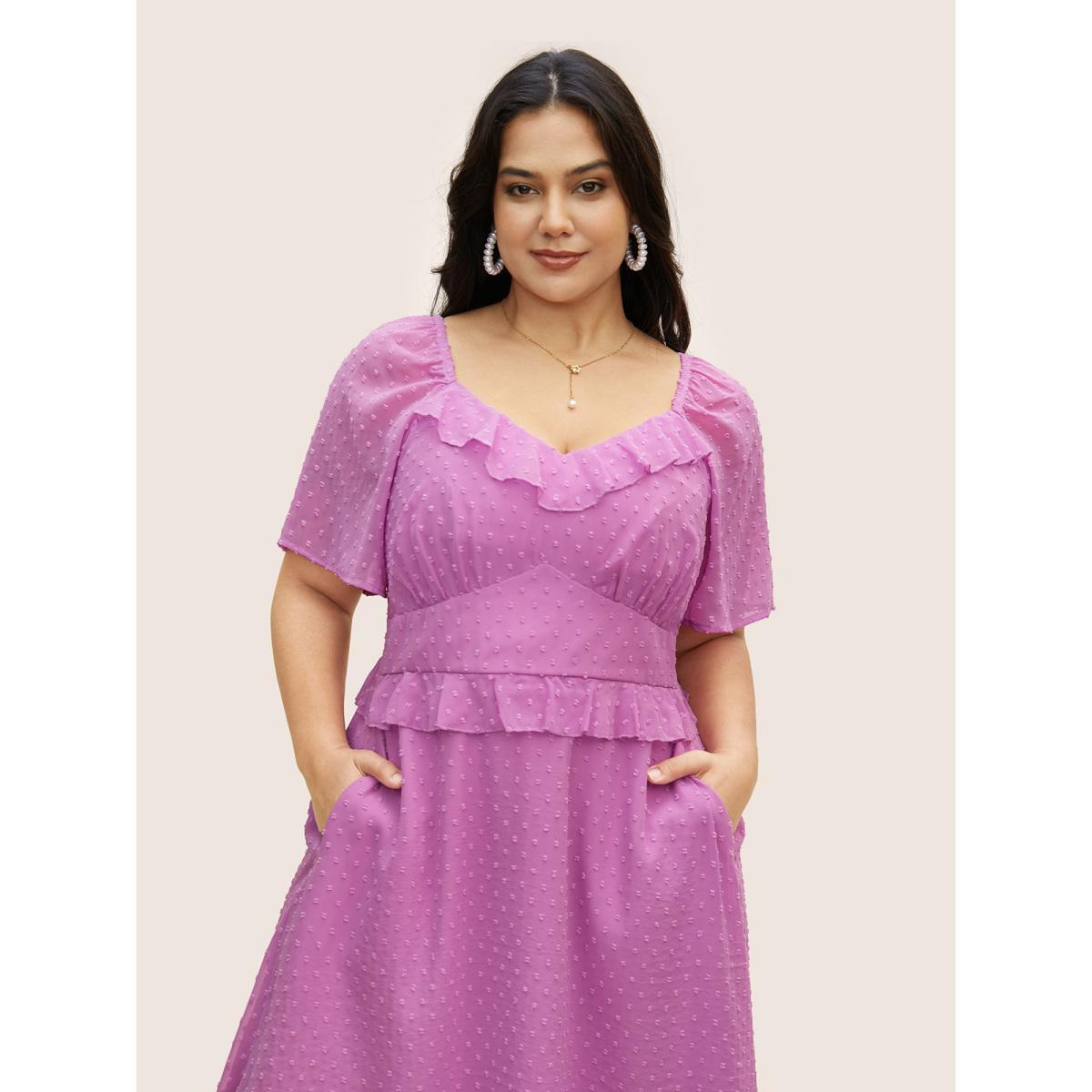 Plus Size Textured Ruffles Shirred Raglan Sleeve Dress RedViolet Women Elegant Texture Heart neckline Half Sleeve Curvy BloomChic 22-24/3X Product Image