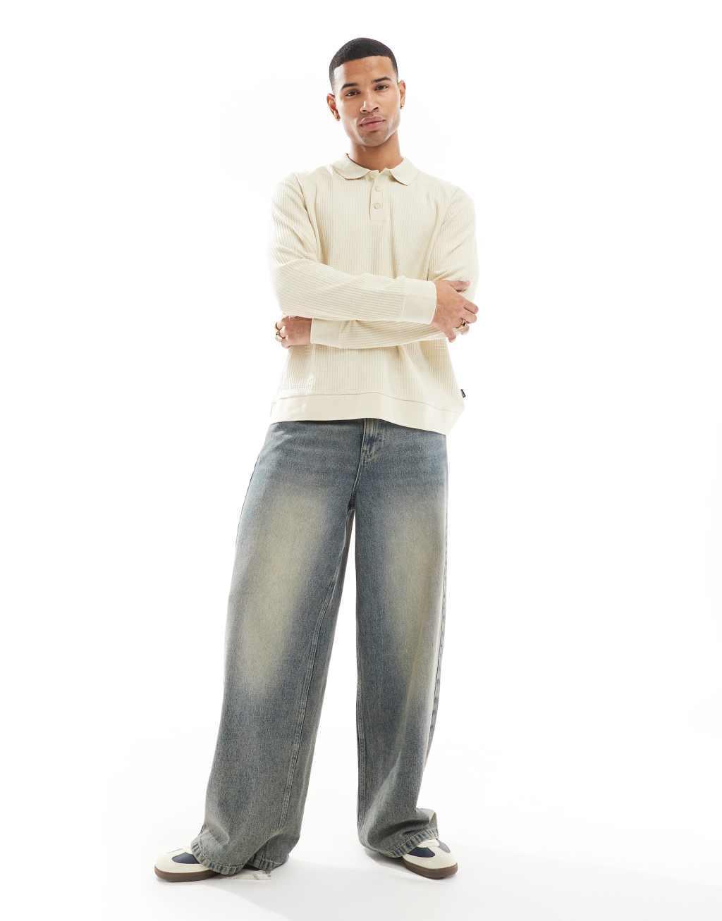 Jack & Jones knit long sleeve textured polo in ecru Product Image