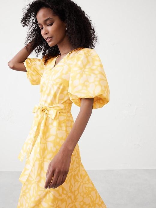Puff-Sleeve Poplin Midi Dress Product Image