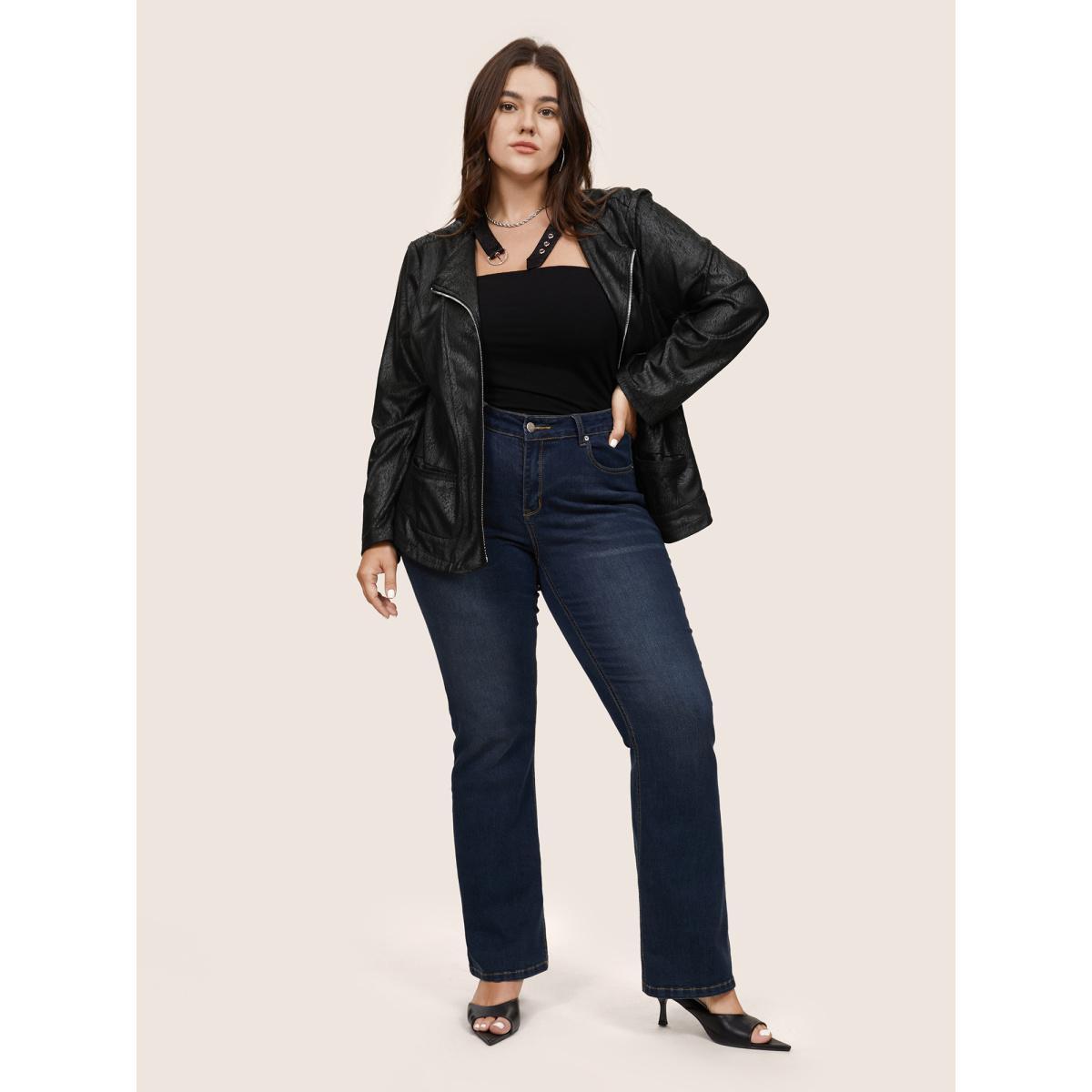 Plus Size PU Leather Print Faux Suede Buckle Detail Jacket Women Black Texture Pocket Everyday Jackets BloomChic 26/4X Product Image