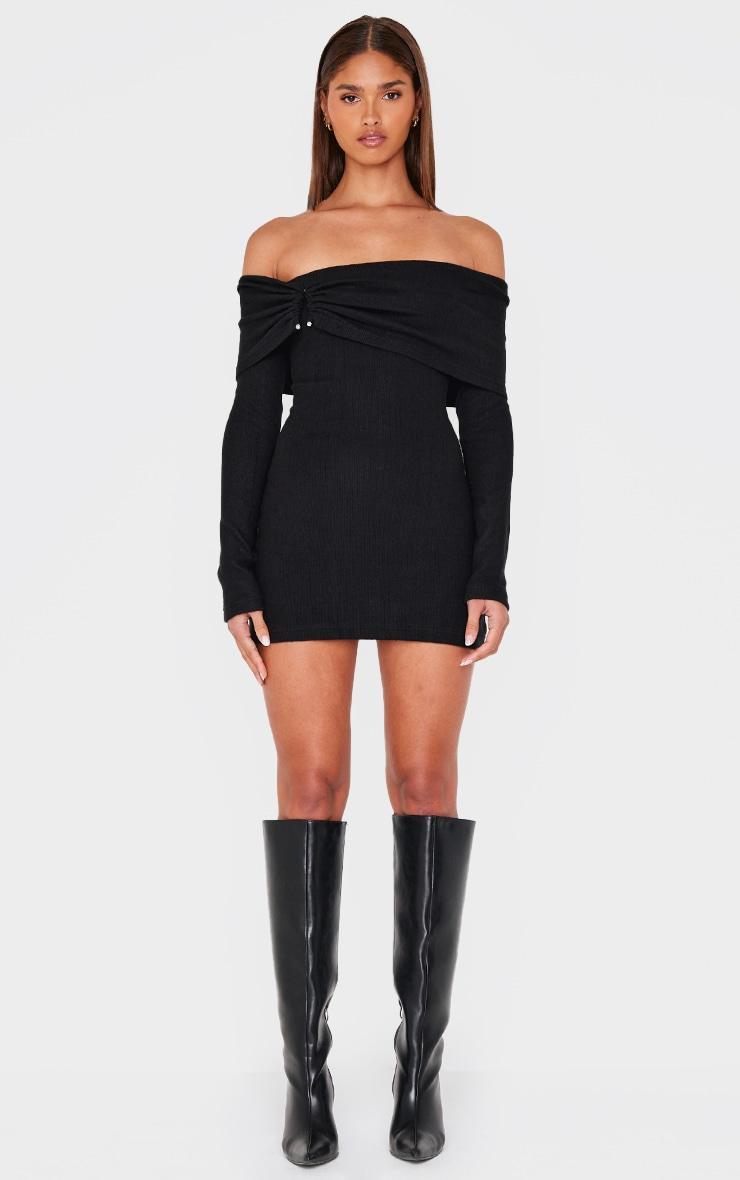 Black Heavy Brushed Rib Bardot Trim Mini Dress Product Image