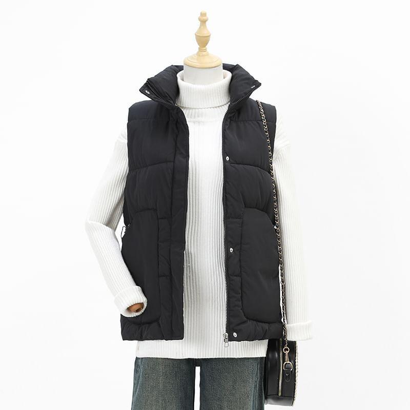 Stand Collar Plain Zip-Up Puffer Vest Product Image